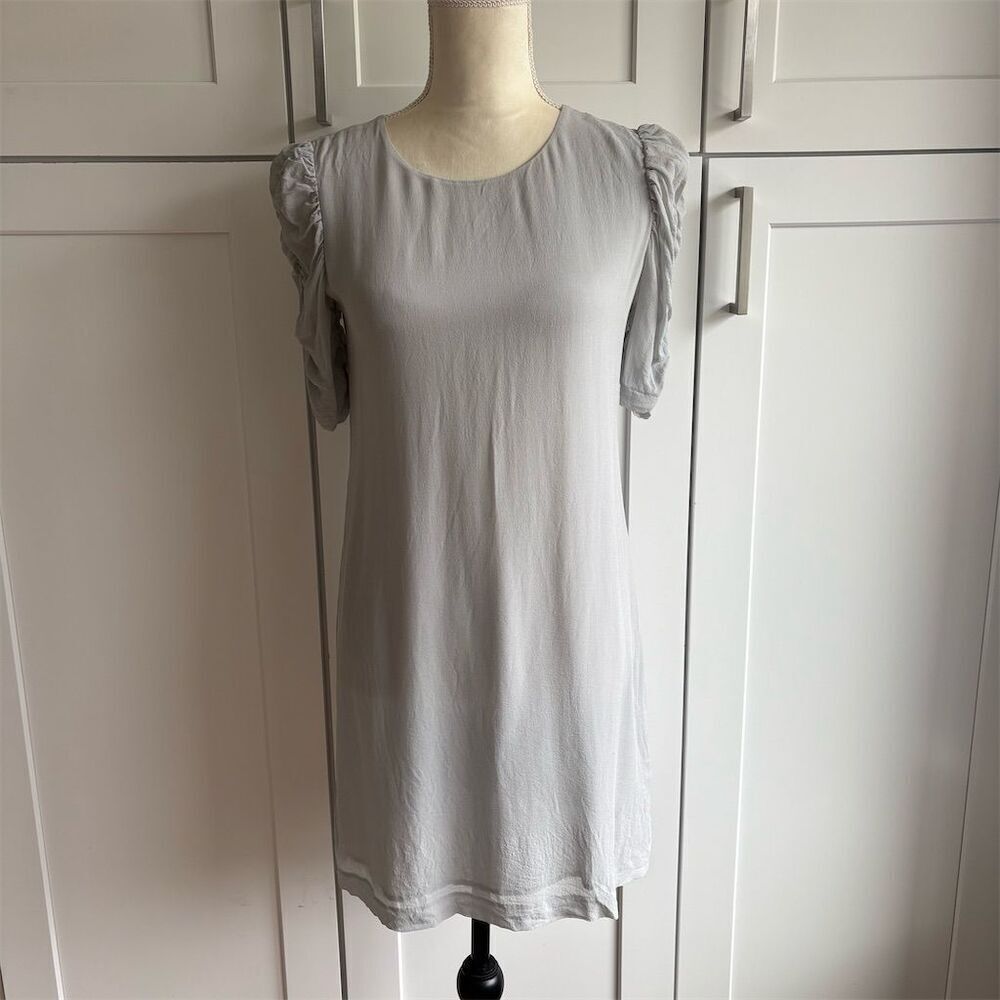 Theory Women's Gray Ruched Sleeve Sheer Mini Length Dress Size 4 Unlined